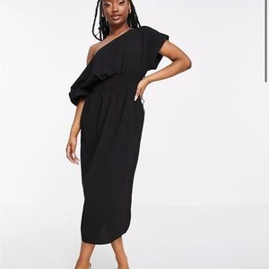 ASOS DESIGN Shirred Waist Midi Dress With Fallen Shoulder